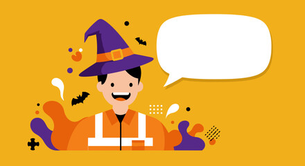Cheerful person in a witch hat and work vest with a blank speech bubble, perfect for Halloween messages, promotions, or safety campaigns.