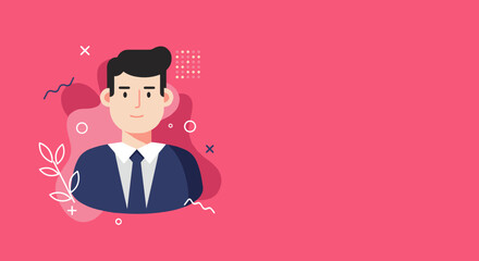 Professional male avatar in flat design, suited for business, corporate profiles, and marketing materials, exuding a friendly, approachable demeanor on a vibrant background.