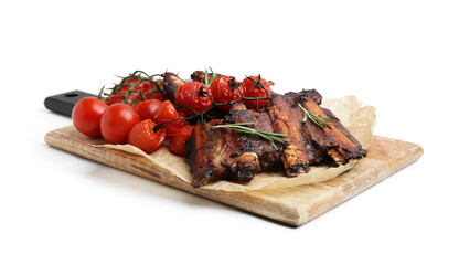 Roasted beef ribs with rosemary and tomatoes isolated on white