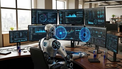 Robot Analyst Monitoring Data on Multiple Screens - A futuristic robot sits at a desk in a modern office, operating multiple computer screens displaying complex data visualizations and graphs. - Powered by Adobe