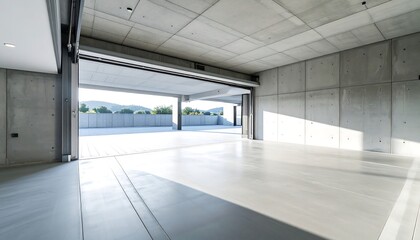 Obraz premium Bright Modern Warehouse Interior with Open Door and Concrete Design.