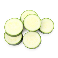 Pieces of fresh zucchini isolated on white, top view