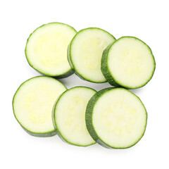 Pieces of fresh zucchini isolated on white, top view