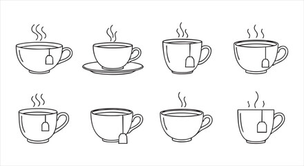 Collection of tea cup illustrations with steam and tea bag, isolated on white background, showcasing various designs and styles in a minimalist art