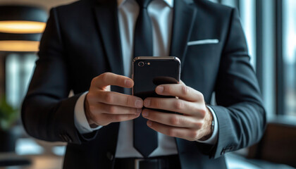 A man in a suit holding a cell phone