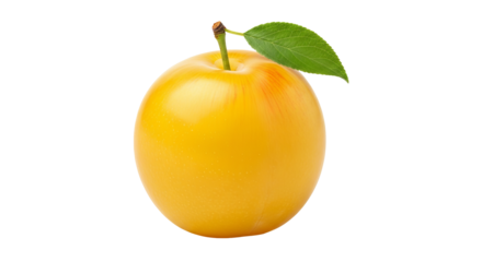 Yellow plum is presented with a stem and single leaf against a plain isolated background.