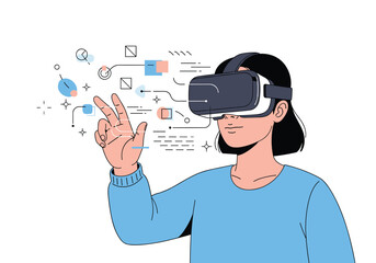 Immersive virtual reality experience with futuristic technology interaction and digital information display