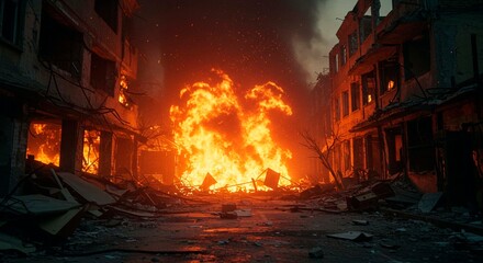 View of a city street engulfed in a massive fire with buildings destroyed and debris scattered around it