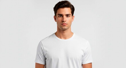 Portrait of a young man with dark hair wearing a white t shirt against a plain white background look