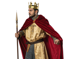 Medieval King Holding Scepter with Cape Flowing Behind, Dynamic Angle, Isolated Transparent Background PNG