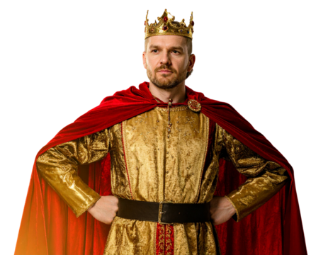 Medieval King Wearing Royal Outfit with Red Cape, Front View, Isolated Transparent Background PNG - Powered by Adobe