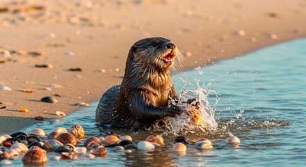 Obraz premium An otter playing in the water near the beach with seashells and sand during the golden hour light