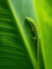 A Minimalist Scene Of A Gecko On A Green Leaf