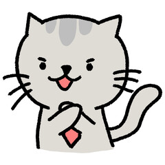 Serious-looking cartoon cat wearing a red necktie with arms crossed in an 