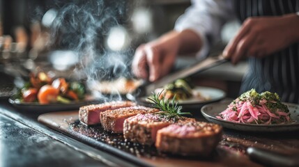 Naklejka premium Chef Preparing Steak with Vegetables and Pasta in Modern Kitchen