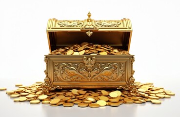 Open antique golden treasure chest overflowing with coins. Ornate metal container sits on white background. Symbolizes wealth, luxury, finance, adventure, and hidden fortune.