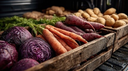 Wooden crates brimming with fresh produce red cabbage, carrots, and potatoes