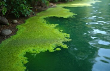 Water pollution by blooming blue-green algae, cyanobacteria create harmful algal blooms in lakes, rivers. This ecological problem shows contaminated nature, impacts ecosystem with floating flora.