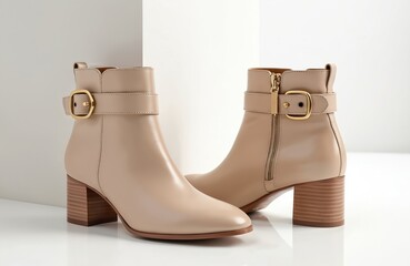 Stylish beige leather ankle boots for women with buckle detail and block heel. These elegant casual shoes feature side zippers and are perfect for autumn fashion.