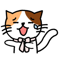 Cartoon cat wearing a pink bow, raising both hands with a crying expression, overwhelmed by too much work and stress.