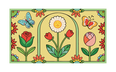 Whimsical botanical pattern with tulips, roses, daisies, strawberries, and butterflies drawn across multiple decorative frames for a playful garden design