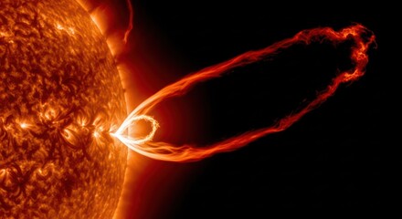 Solar prominence erupts from sun's surface, looping high into space
