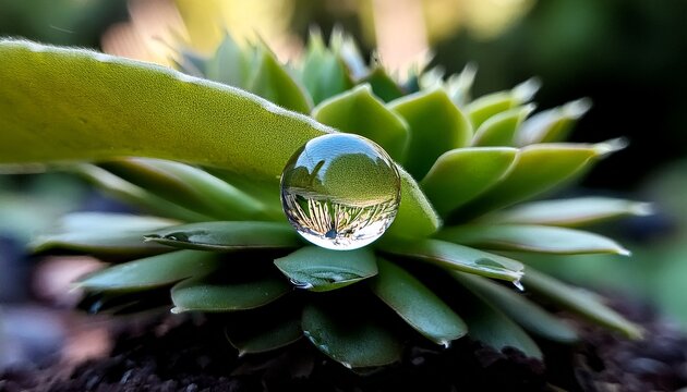 photograph of a single water droplet perched on a succulent leaf beautifully reflecting a miniature forest like landscape within its transparent surface