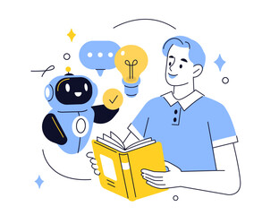 Student holding book and integrating with ai robot assistant for effective learning, studying. Education concept. Vector illustration.