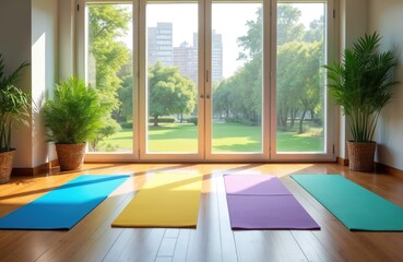 Fototapeta premium Bright yoga studio interior features colorful mats, rich green plants, large windows overlooking serene park. Natural light fills airy space, creating calm, inviting atmosphere for meditation,