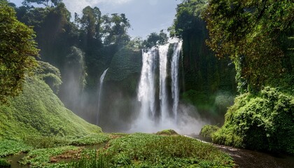powerful waterfall cascade misty spray lush green foliage dynamic water flow natural beauty