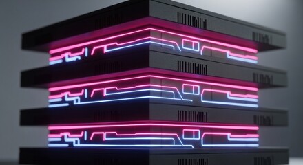 Stack of black rectangles highlighted with pink and blue neon lines