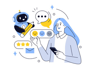 Woman holding smartphone and using artificial intelligence to give review, feedback, customer satisfaction rating, quality. User experience concept. Vector illustration.