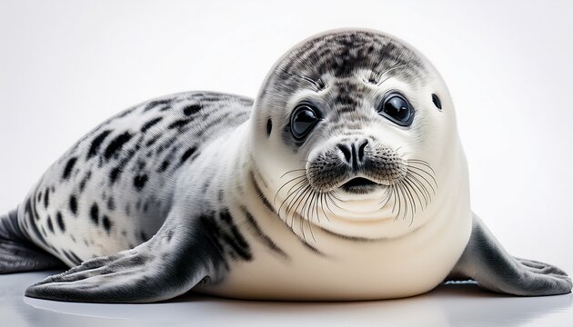 a plush spotted seal pup is on a white surface its grey and white coat is soft and huggable making it the perfect cuddly friend