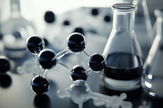 Molecular model and laboratory equipment showcasing scientific research and experimentation