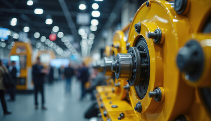 Close-up of heavy yellow industrial machinery at trade show. Focus on mechanical components, production equipment for manufacturing. Blurred background with visitors suggests business conference