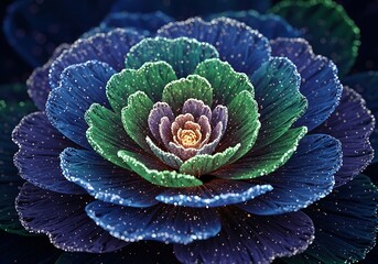 Kaleidoscopic bloom revealing layers of color and intricate textures, enhanced with sparkling dust, creating a