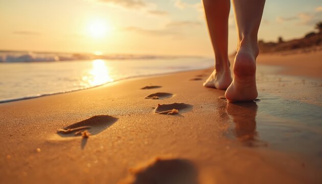 Person walks on sandy beach at sunset leaving footprints in wet sand. Gentle ocean waves wash ashore reflecting warm golden sunlight. This serene moment captures of summer vacation, peaceful travel. - Powered by Adobe