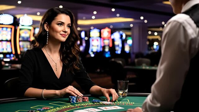 Elegant Woman Playing Casino Card Game - A beautiful woman in a black dress enjoys a game of cards at a casino.