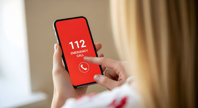 Woman Dialing Emergency Number 112 on Red Screen Smartphone With Blonde Hair Indoors
