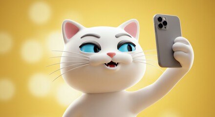 Fototapeta premium White cat taking selfie with smartphone
