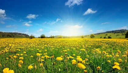 Fototapeta premium vibrant meadow used in eco therapy showcases stunning landscape filled with yellow flowers under bright blue sky
