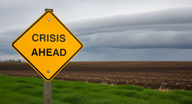 Yellow Crisis Ahead Sign Along Field with Dark Cloudy Sky During Daytime