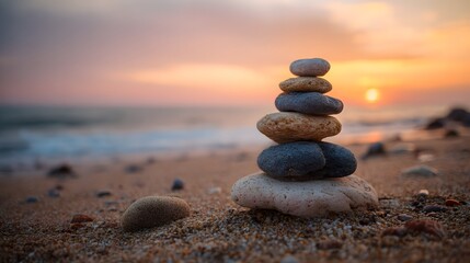 Zen stones stacked in balance on sandy beach at sunset, meditation, harmony and mindfulness wellness concept with soft ocean background
