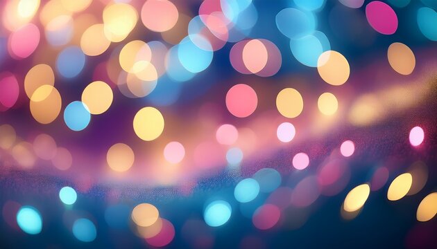 an abstract background of blurred christmas lights with pink blue and yellow color scheme for festive mood