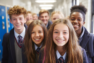 Fototapeta premium Teenage school kids smiling to camera in school corrdor