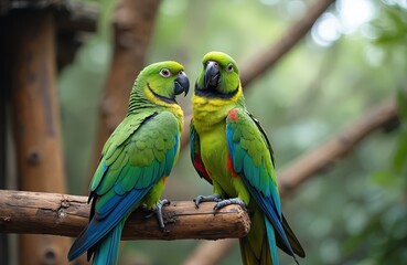 Two vibrant green parrots perch on weathered branch, colorful blue, red wing feathers providing striking contrast. South American birds, likely Amazon parrots, sit close together in, tropical jungle