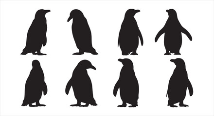 Obraz premium Silhouette of penguins in various poses isolated on white background, showcasing their unique waddle and charming presence in the antarctic landscape