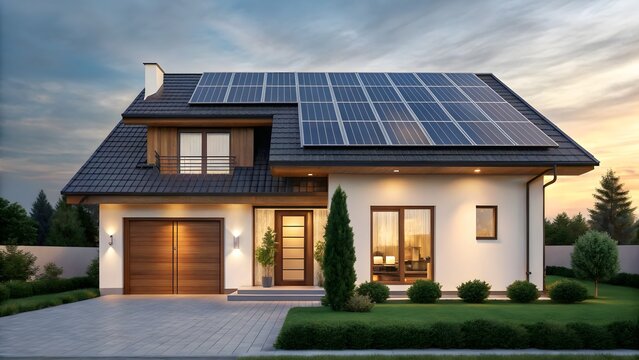 Modern suburban house with solar panels on the roof at sunset