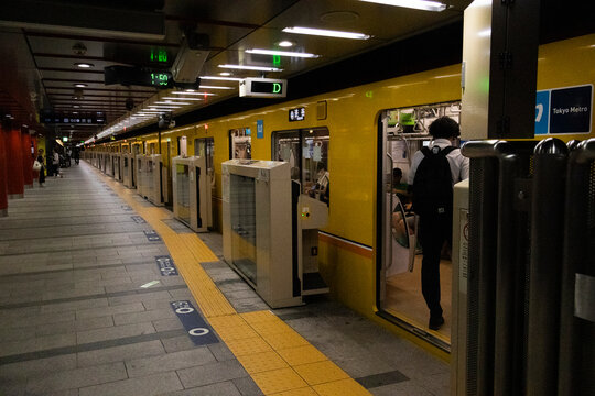 Train railway metro Ginza line running for sending received japanese people and foreign travelers passengers journey travel visit in tokyo between Asakusa and Shibuya on July 25, 2025 in Kanto, Japan