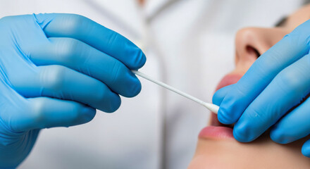 Nurse's hands in gloves using a swab to take a throat or nasal sample from a patient for a test